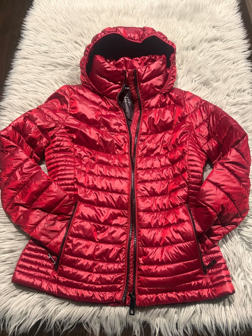 Calvin Klein Shiny Quilted Hooded Puffer Jacket - Red